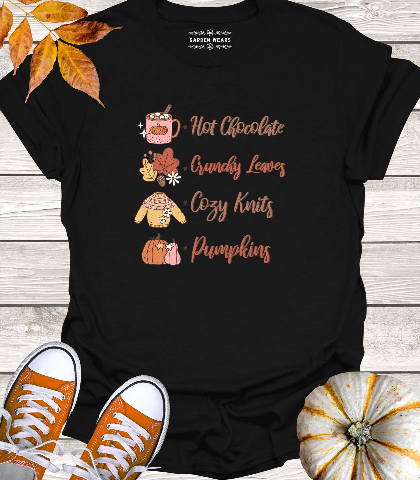 Unisex 100% Cotton T-shirt, Hot Chocolate, Crunchy Leaves, Cozy Knits, Pumpkins
