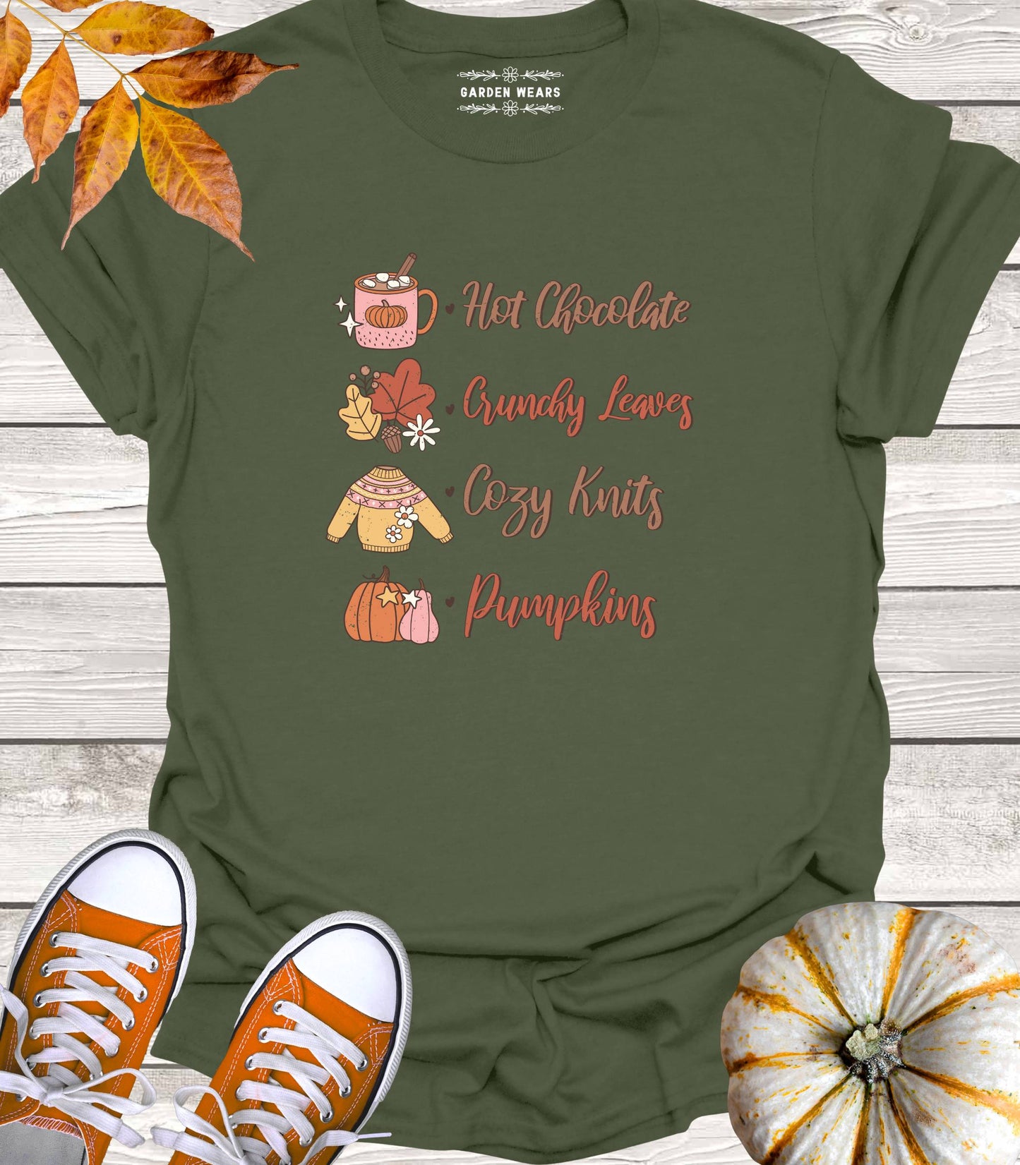 Unisex 100% Cotton T-shirt, Hot Chocolate, Crunchy Leaves, Cozy Knits, Pumpkins