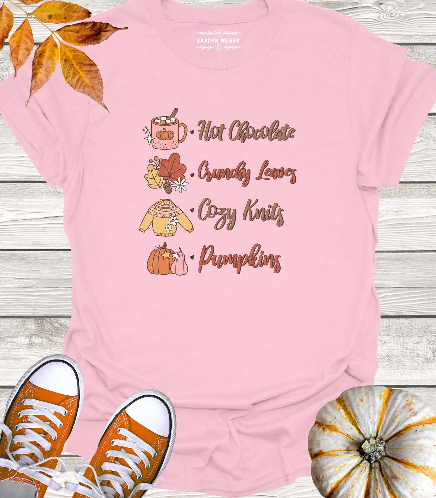 Unisex 100% Cotton T-shirt, Hot Chocolate, Crunchy Leaves, Cozy Knits, Pumpkins