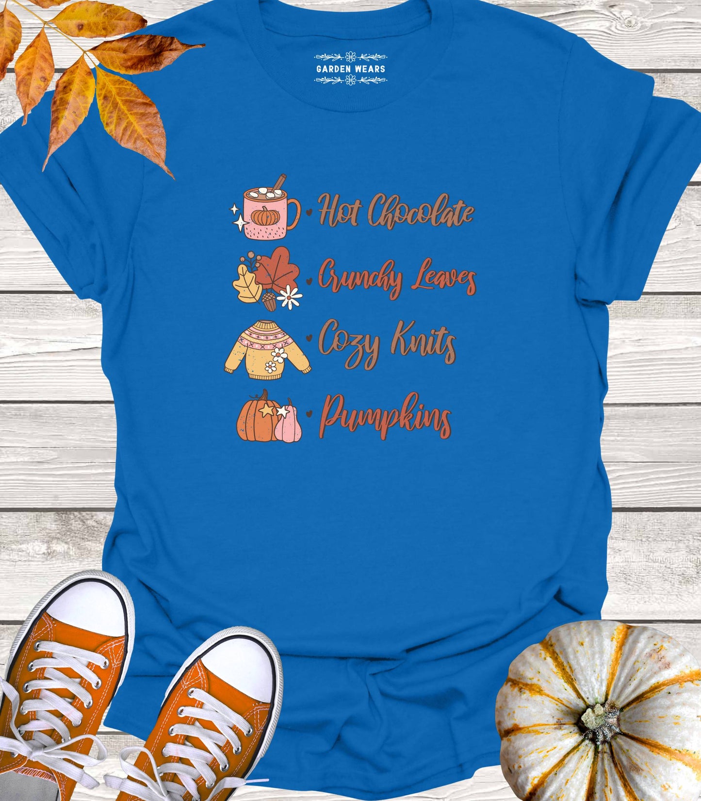 Unisex 100% Cotton T-shirt, Hot Chocolate, Crunchy Leaves, Cozy Knits, Pumpkins