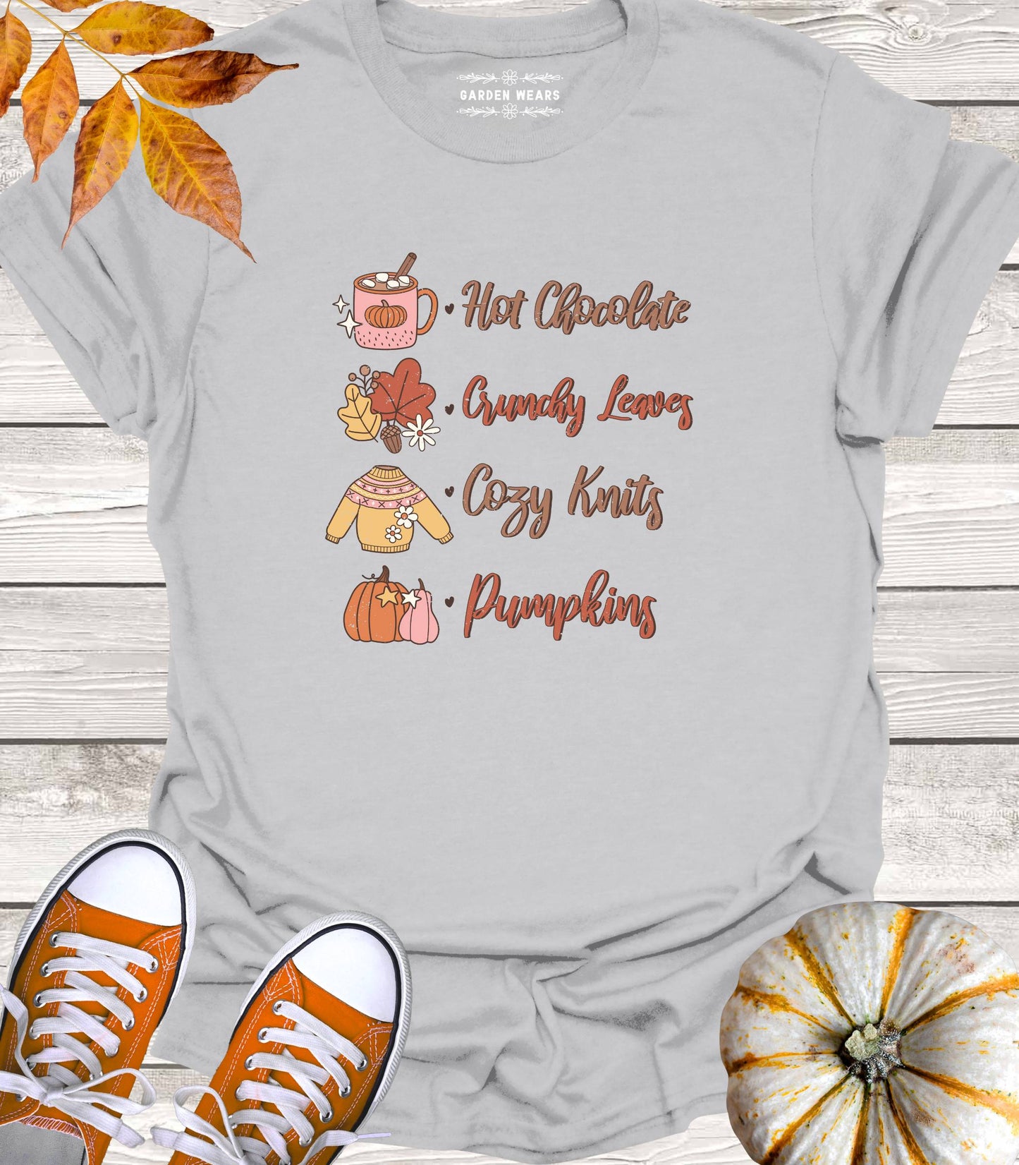 Unisex 100% Cotton T-shirt, Hot Chocolate, Crunchy Leaves, Cozy Knits, Pumpkins
