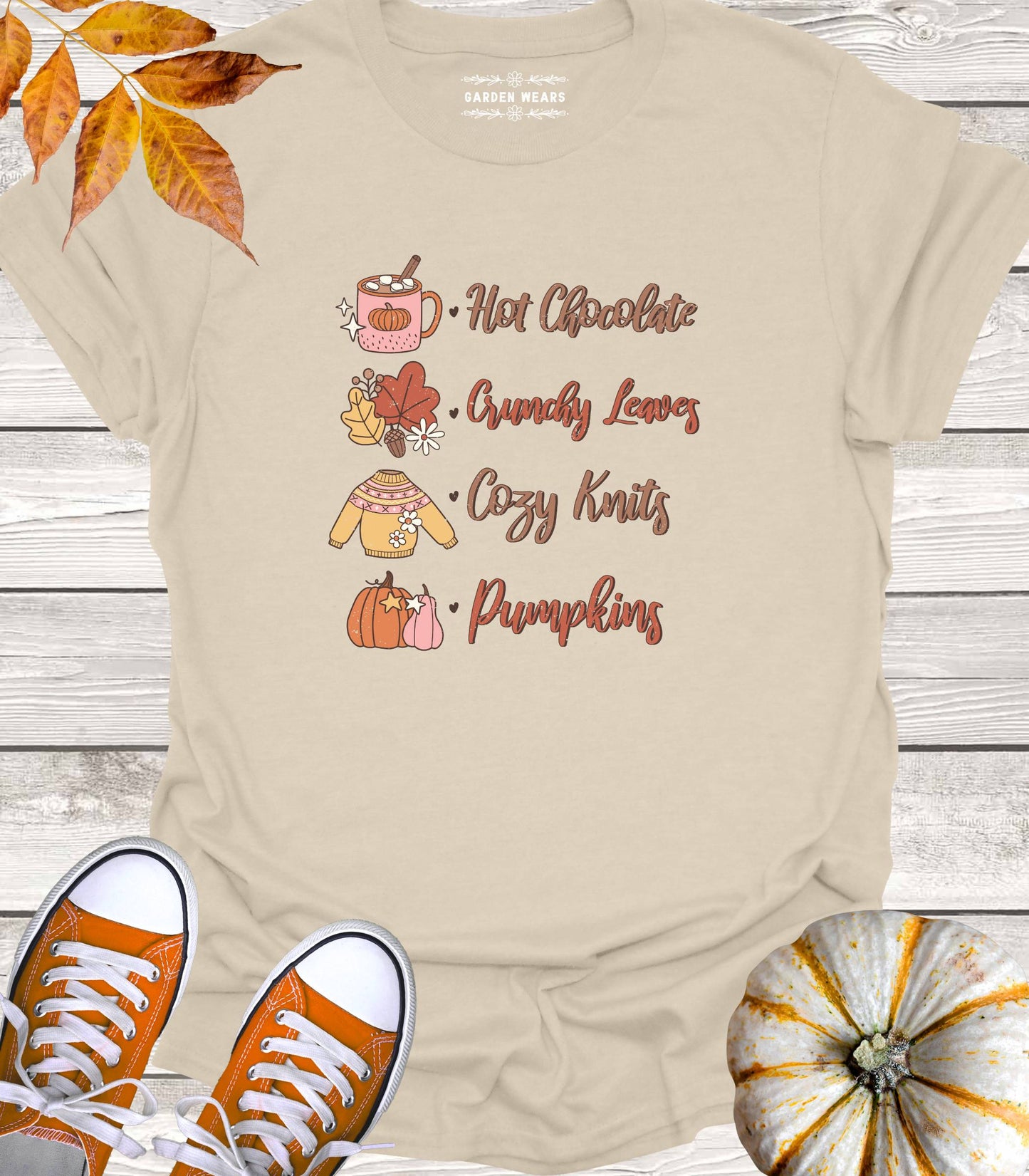 Unisex 100% Cotton T-shirt, Hot Chocolate, Crunchy Leaves, Cozy Knits, Pumpkins