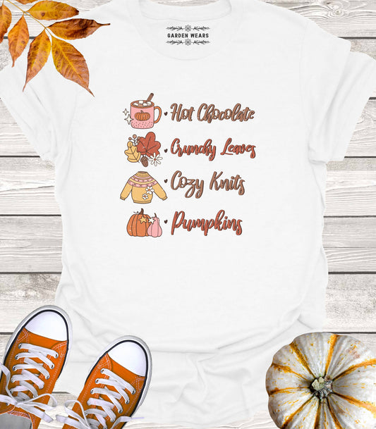 Unisex 100% Cotton T-shirt, Hot Chocolate, Crunchy Leaves, Cozy Knits, Pumpkins